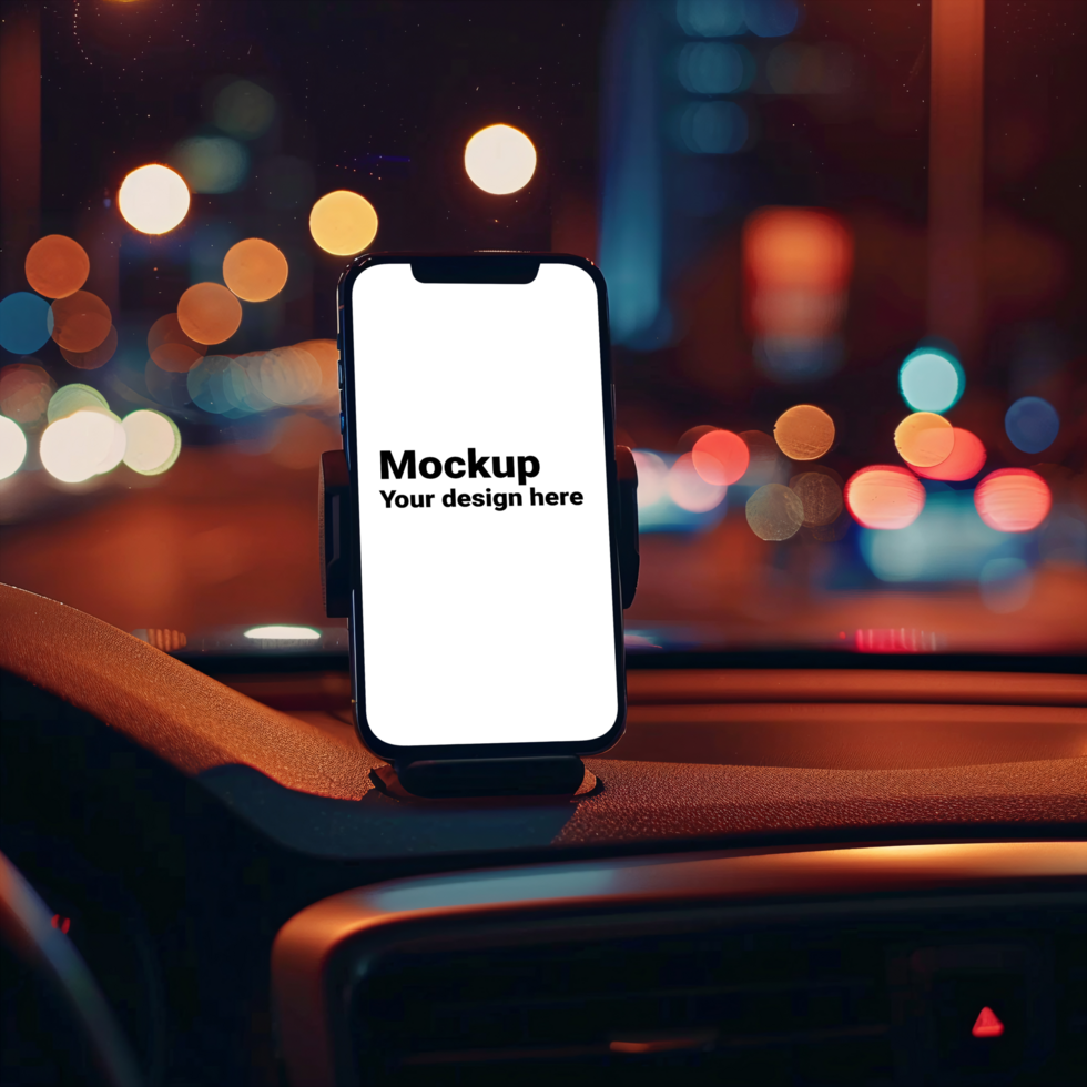 Mockup of black smartphone in car on road background psd