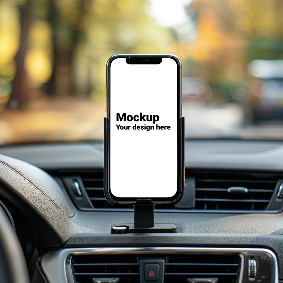 Mockup of black smartphone in car on road background psd