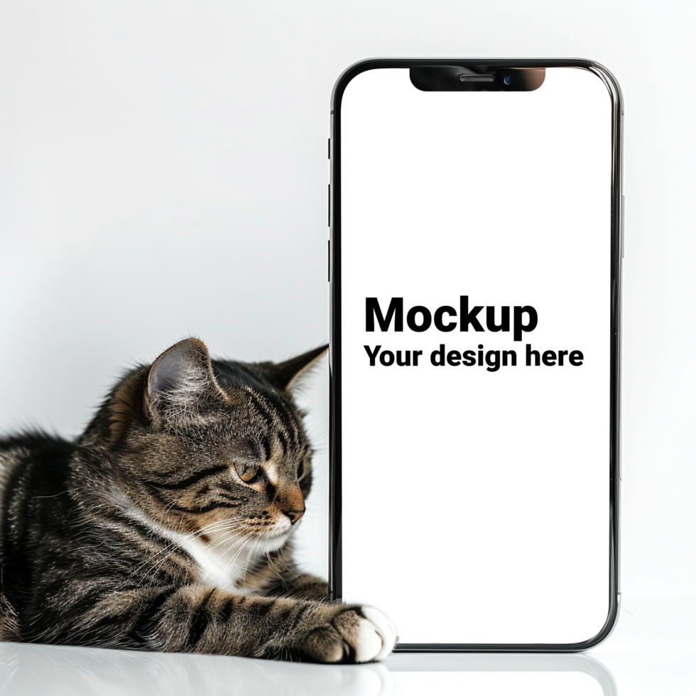 Mockup of black smartphone next to cat psd