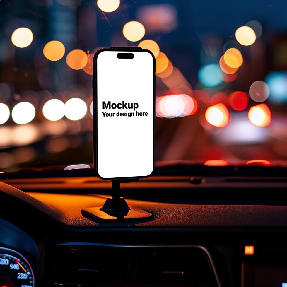 Mockup of black smartphone in car on road background psd