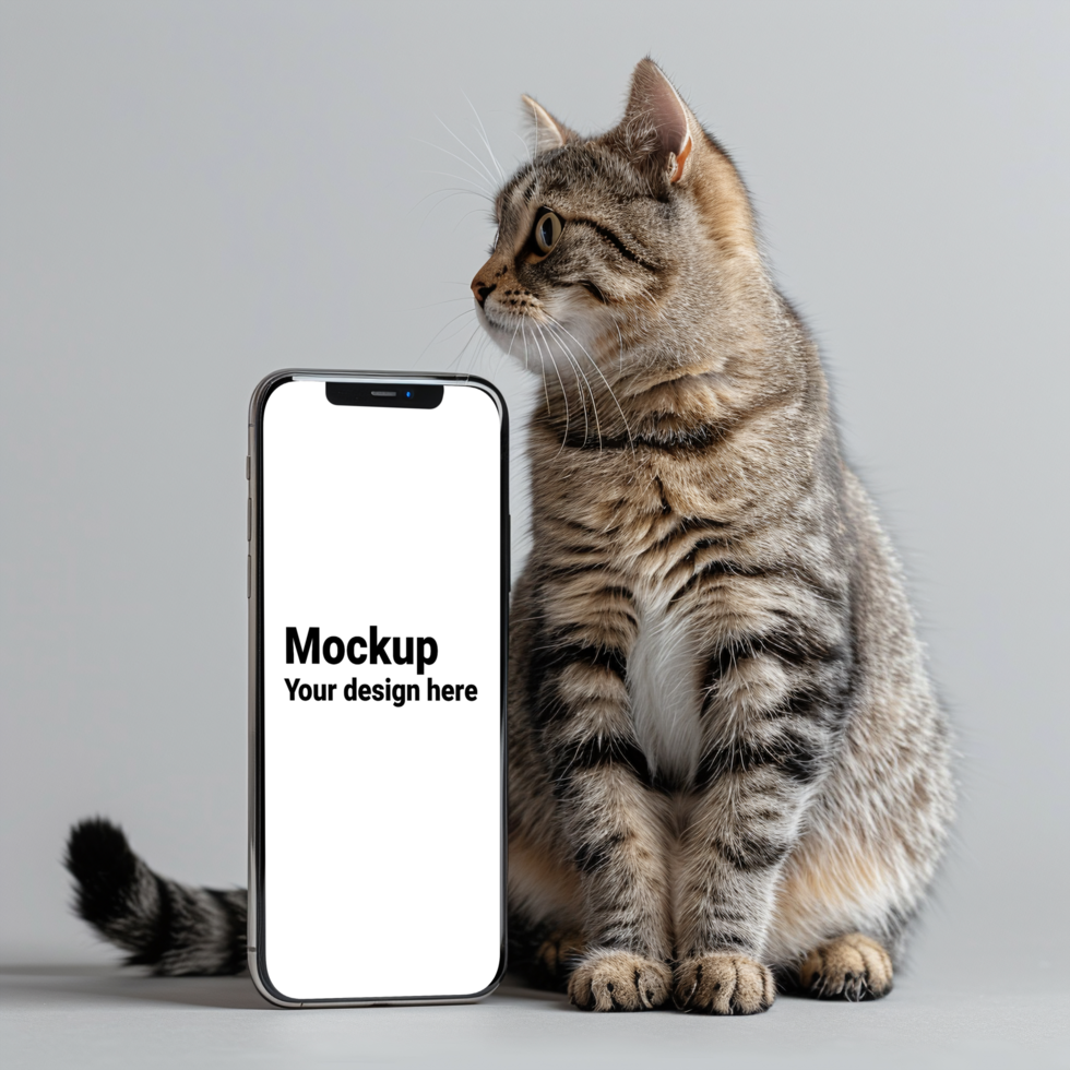 Mockup of black smartphone next to cat psd