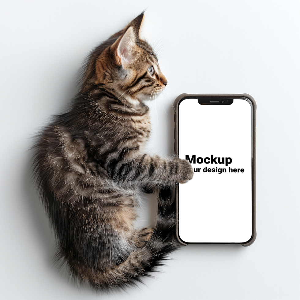 Mockup of black smartphone next to cat psd