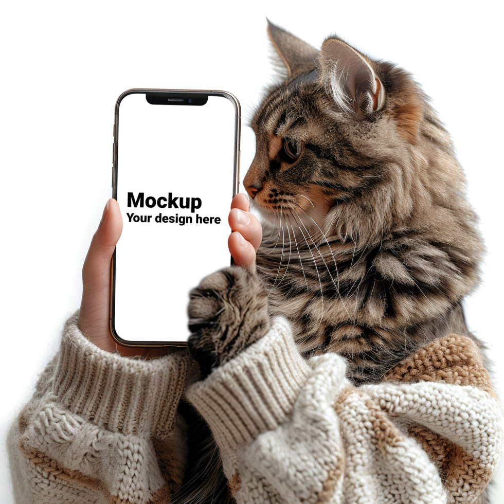 Mockup of black smartphone next to cat psd