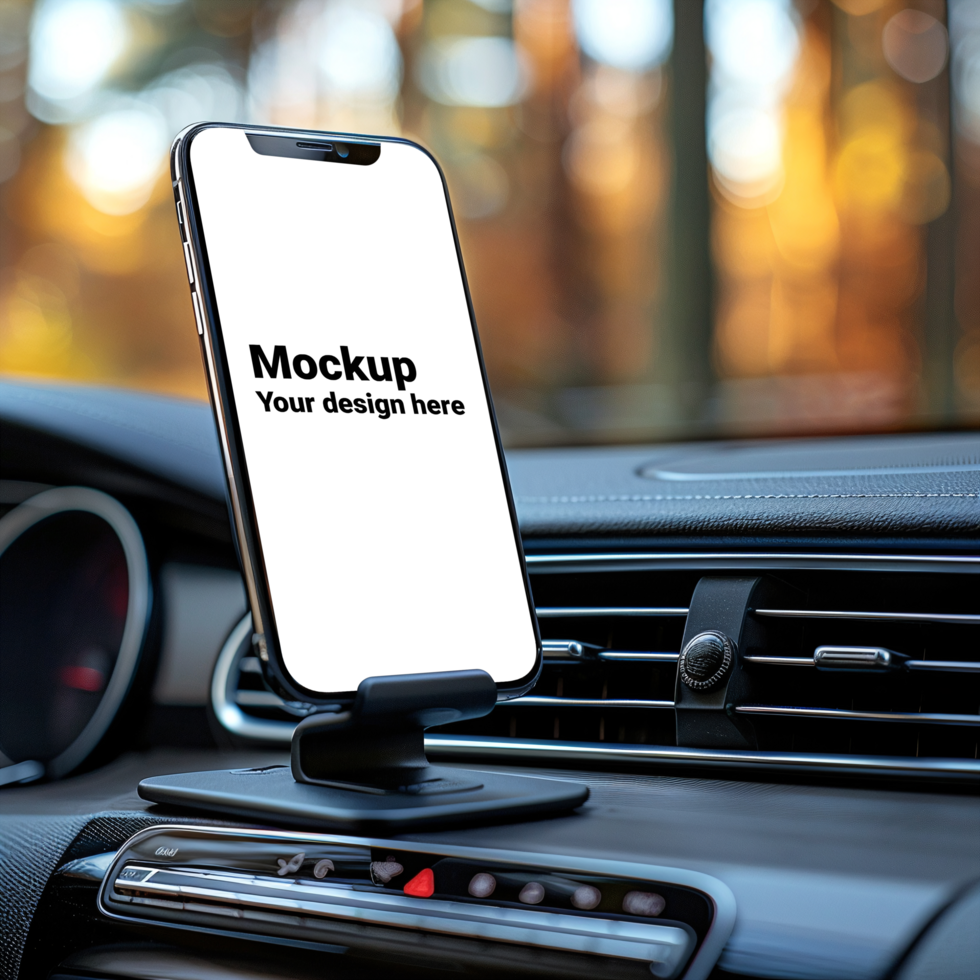 Mockup of black smartphone in car on road background psd