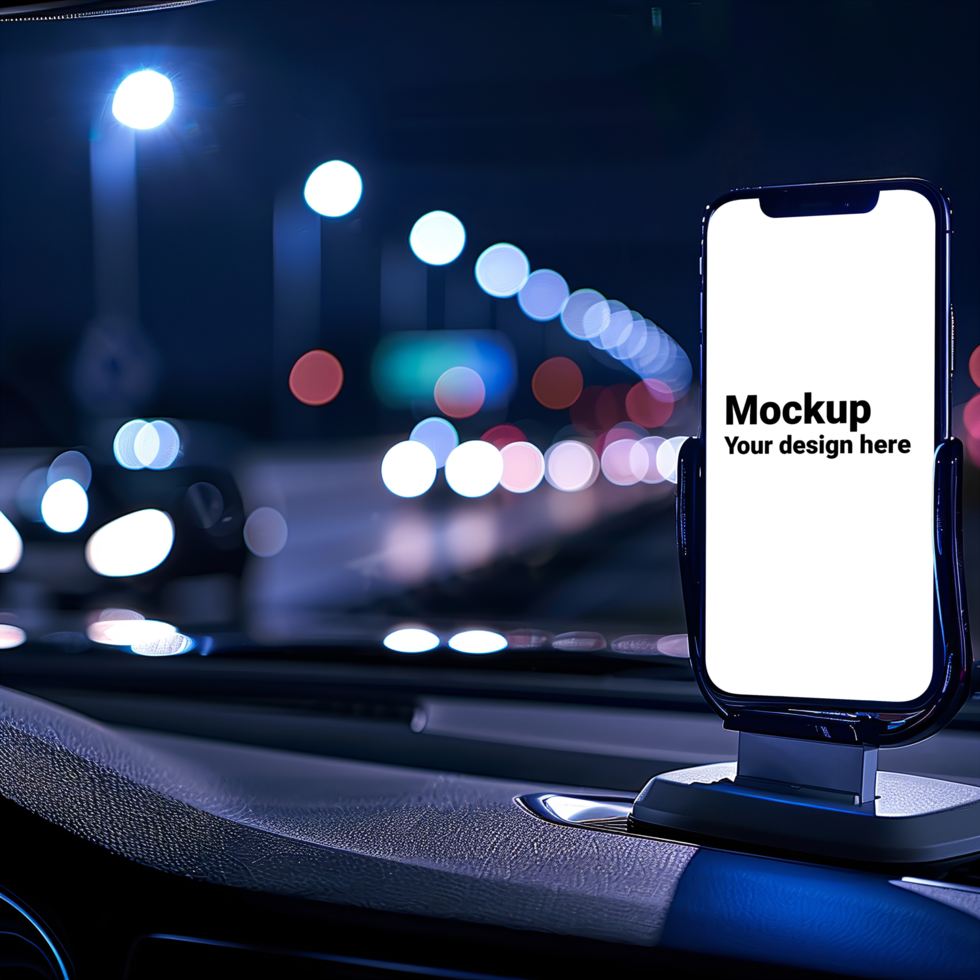 Mockup of black smartphone in car on road background psd