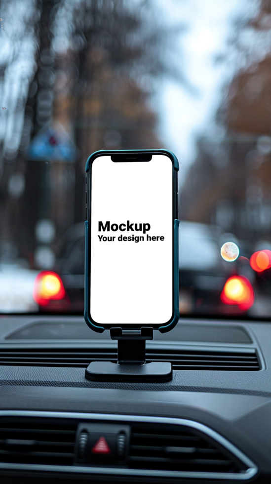 Mockup of black smartphone in car on road background psd