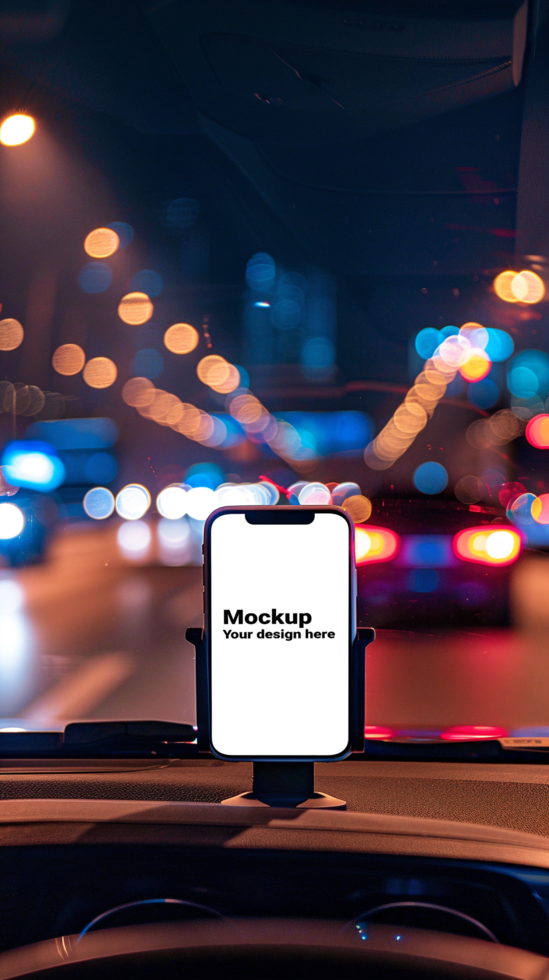 Mockup of black smartphone in car on road background psd
