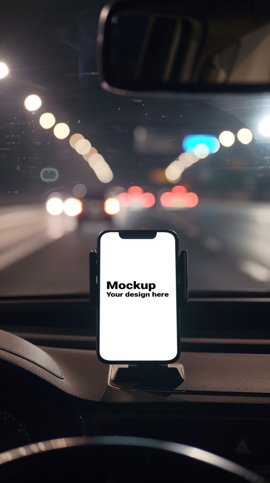 Mockup of black smartphone in car on road background psd