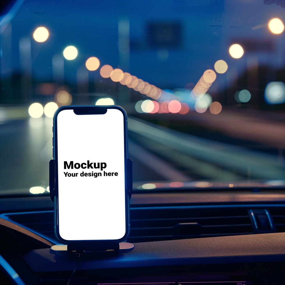 Mockup of black smartphone in car on road background psd