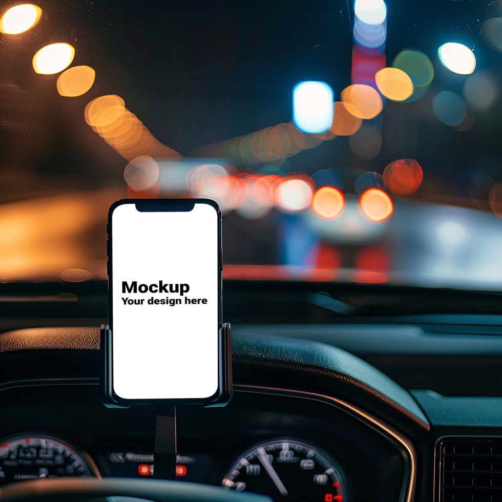 Mockup of black smartphone in car on road background psd