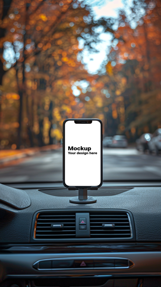 Mockup of black smartphone in car on road background psd