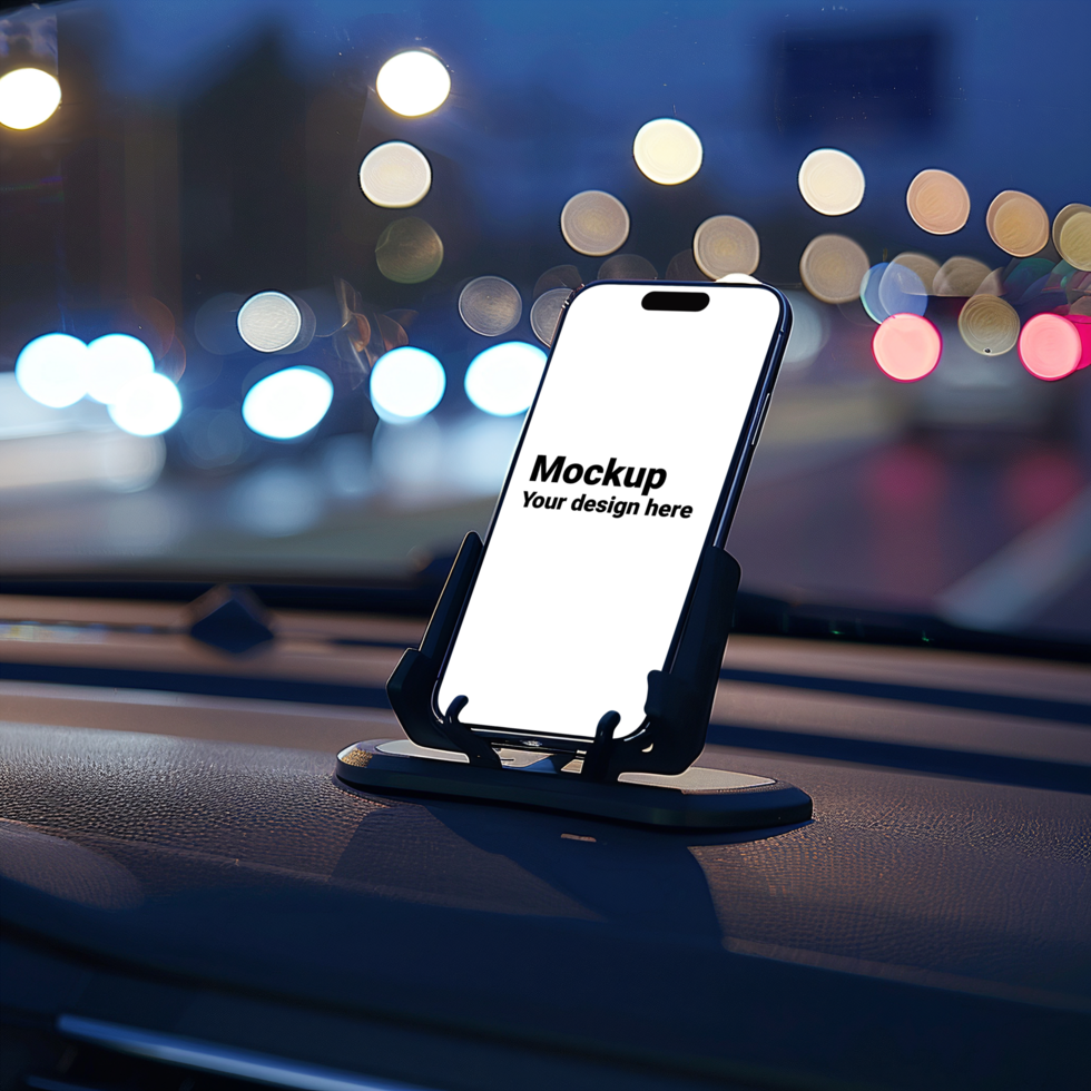 Mockup of black smartphone in car on road background psd