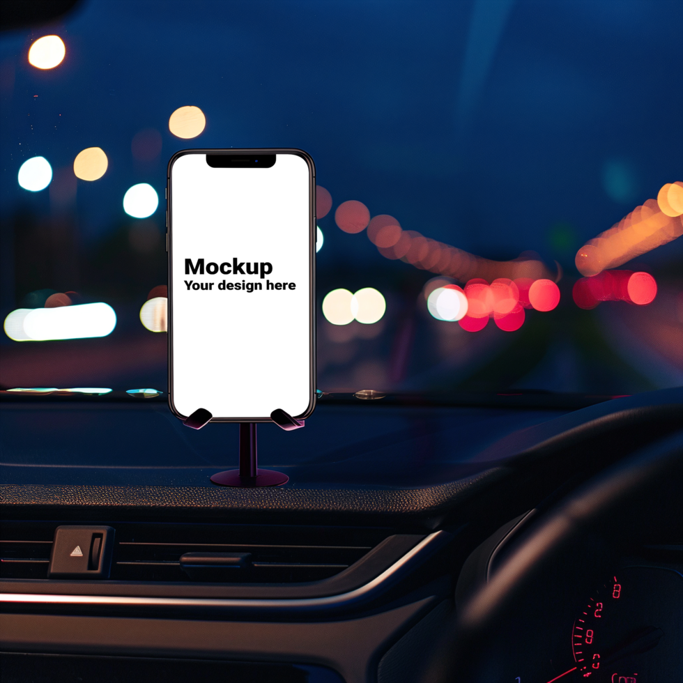 Mockup of black smartphone in car on road background psd