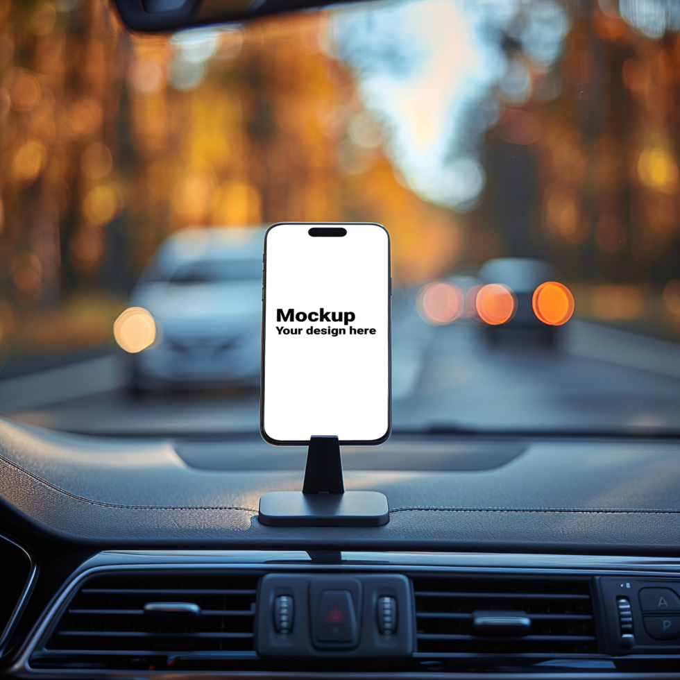 Mockup of black smartphone in car on road background psd