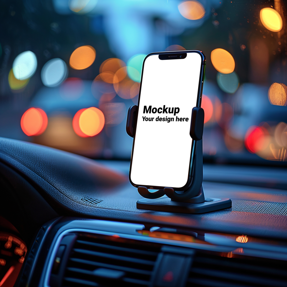 Mockup of black smartphone in car on road background psd