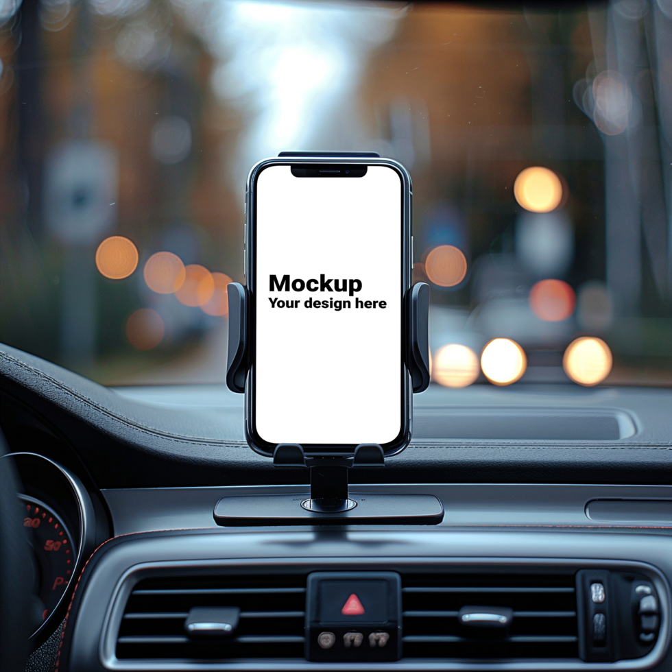 Mockup of black smartphone in car on road background psd