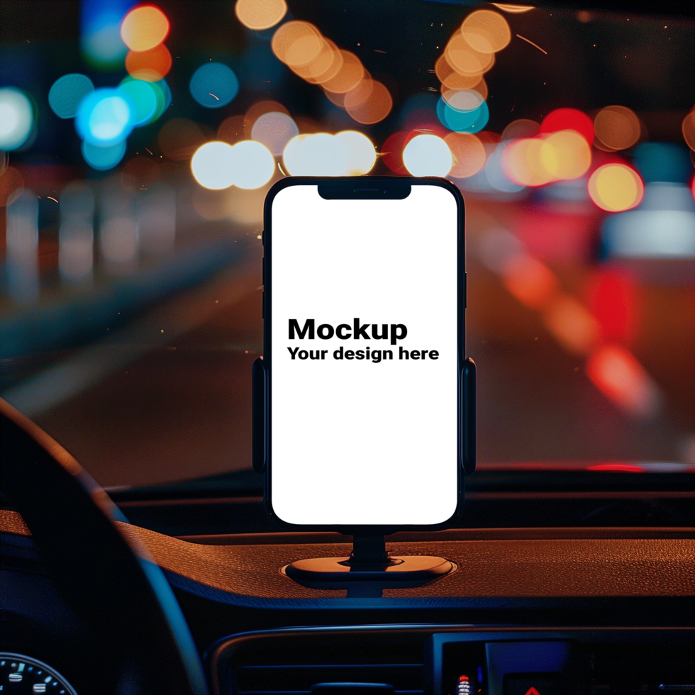 Mockup of black smartphone in car on road background psd