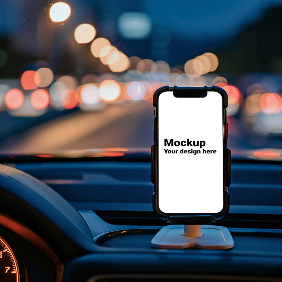 Mockup of black smartphone in car on road background psd