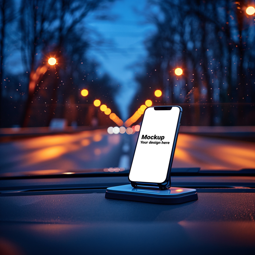 Mockup of black smartphone in car on road background psd