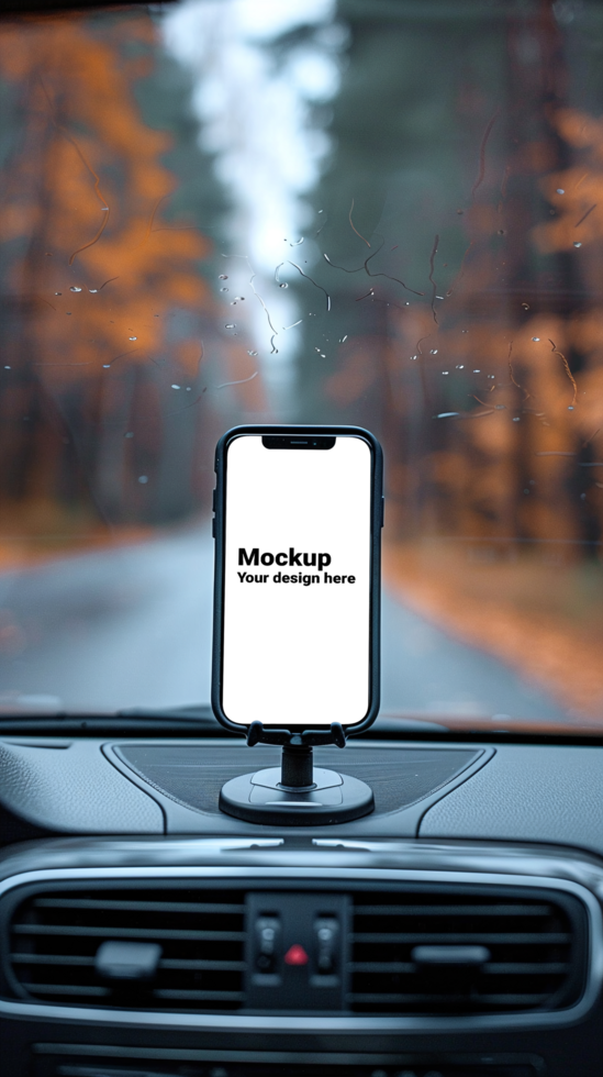 Mockup of black smartphone in car on road background psd