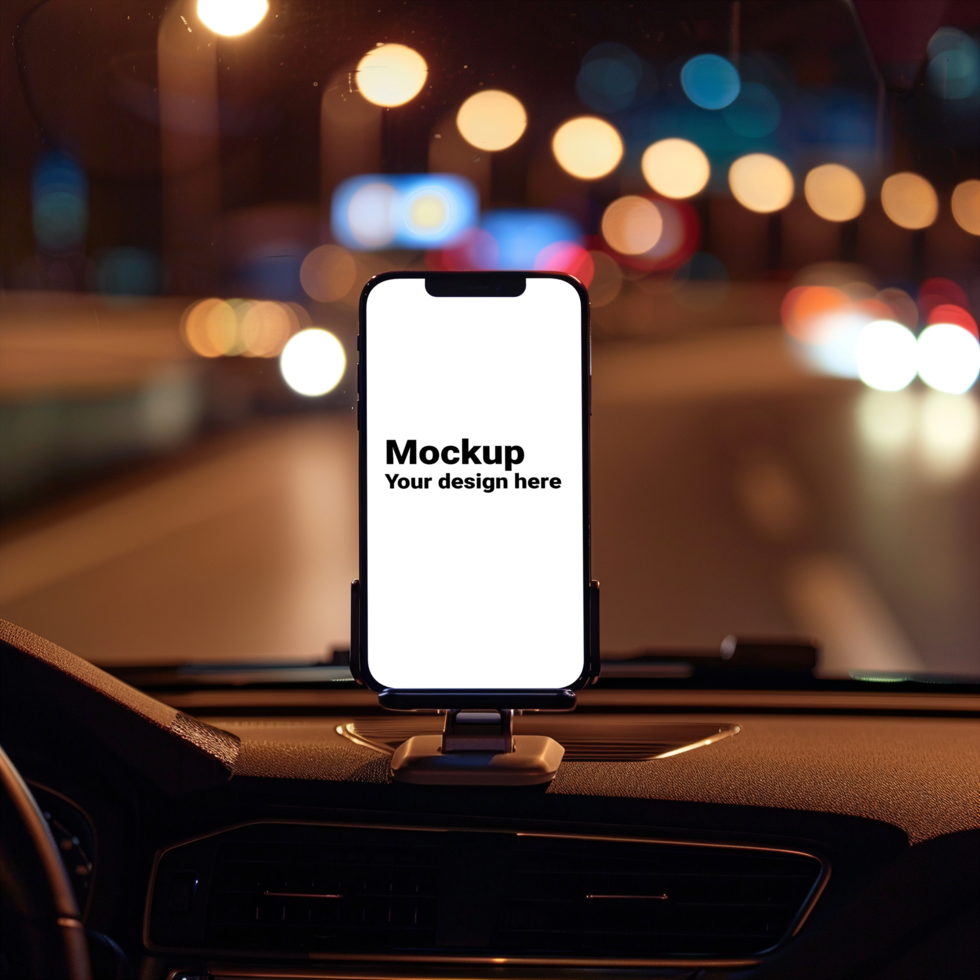 Mockup of black smartphone in car on road background psd
