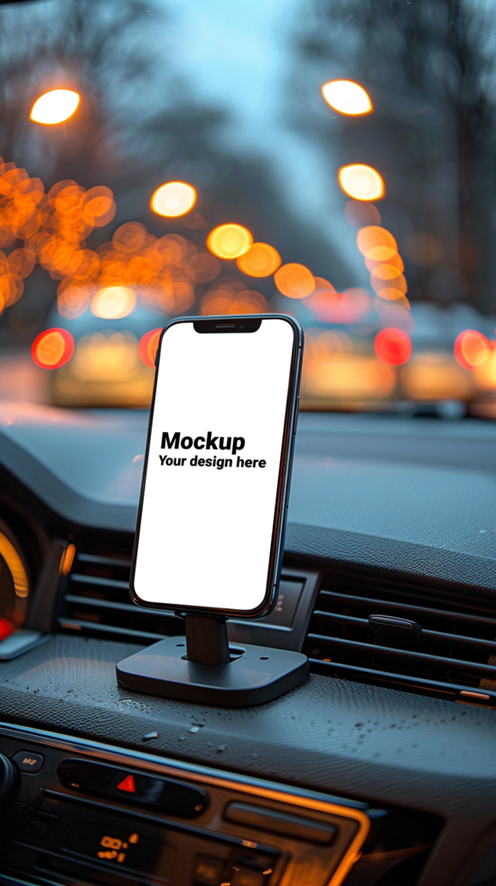 Mockup of black smartphone in car on road background psd