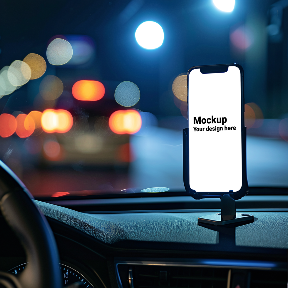 Mockup of black smartphone in car on road background psd