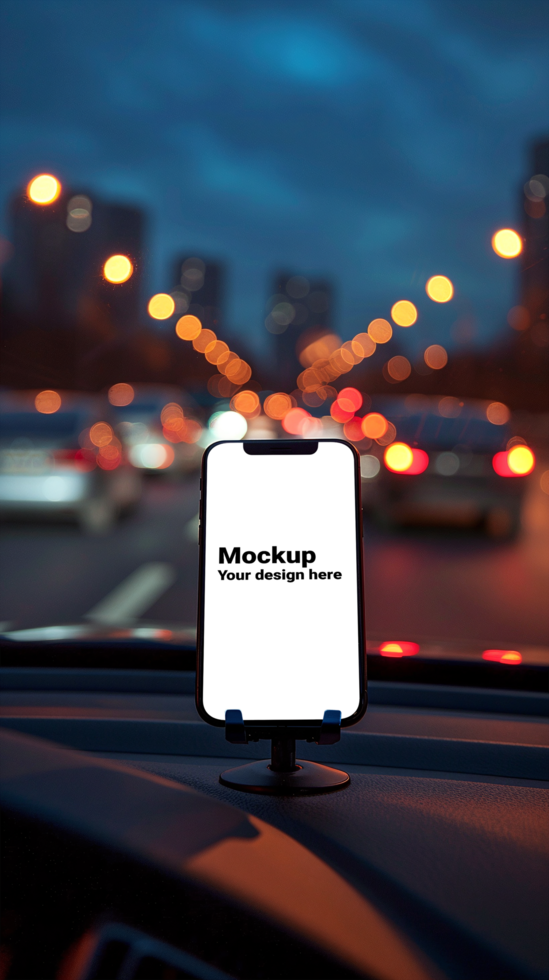 Mockup of black smartphone in car on road background psd