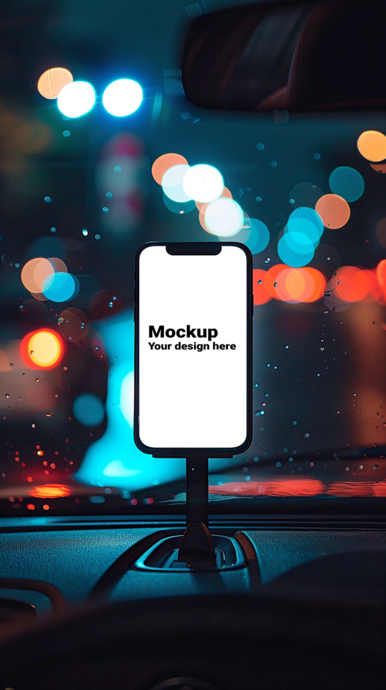 Mockup of black smartphone in car on road background psd