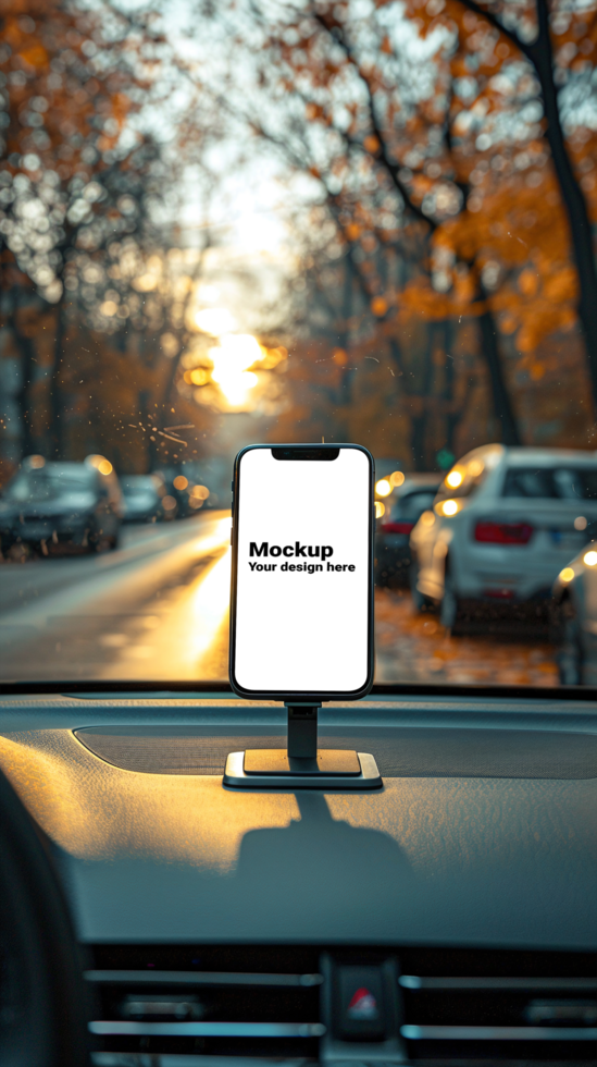 Mockup of black smartphone in car on road background psd