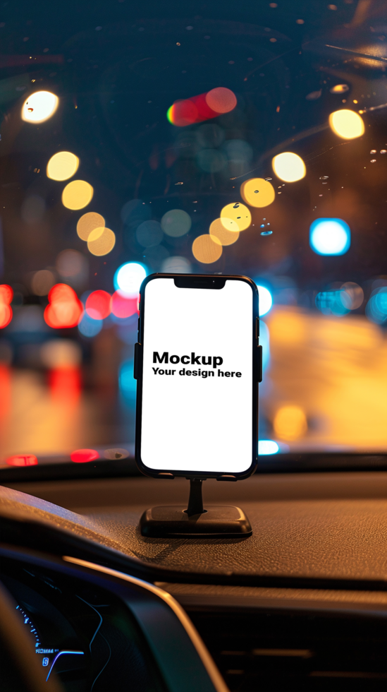 Mockup of black smartphone in car on road background psd