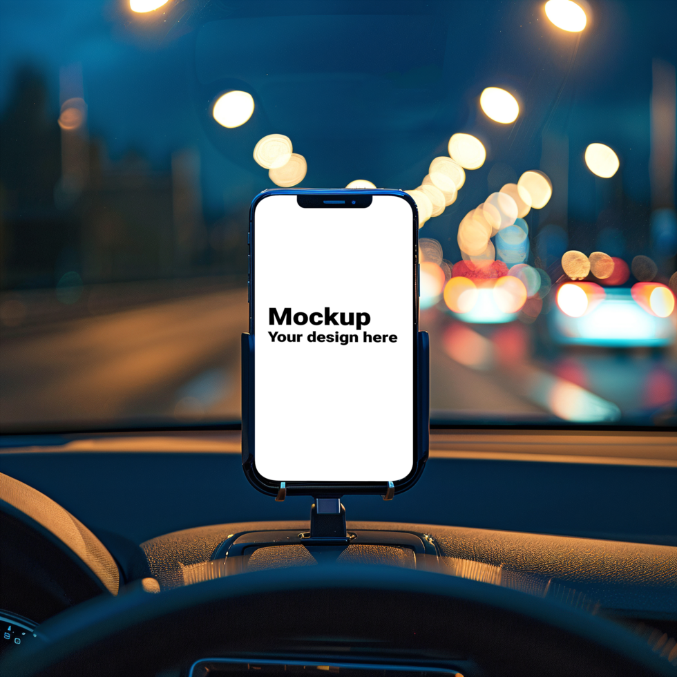 Mockup of black smartphone in car on road background psd