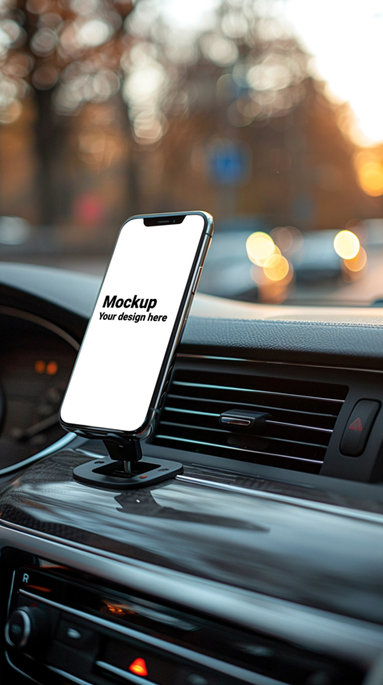 Mockup of black smartphone in car on road background psd
