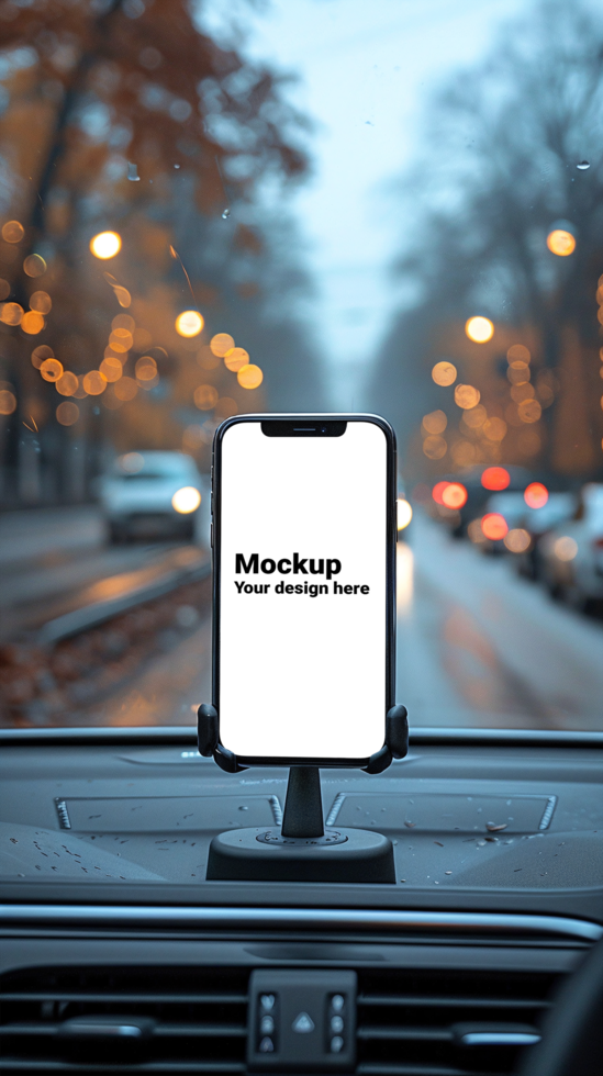 Mockup of black smartphone in car on road background psd