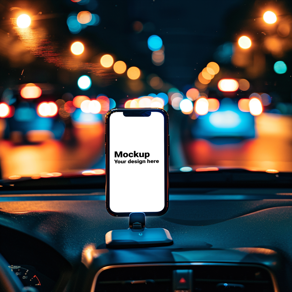 Mockup of black smartphone in car on road background psd