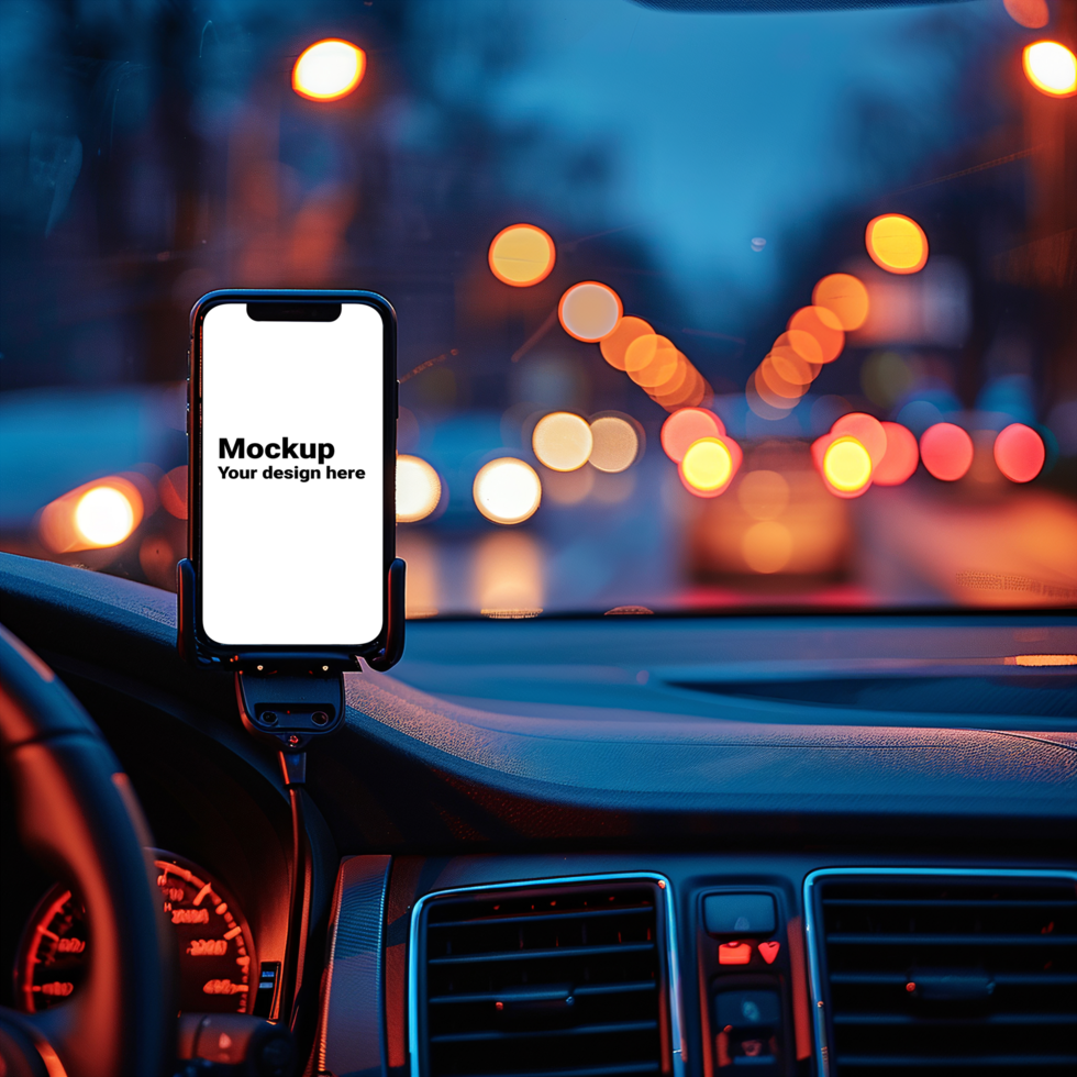 Mockup of black smartphone in car on road background psd