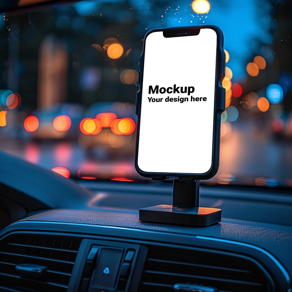Mockup of black smartphone in car on road background psd