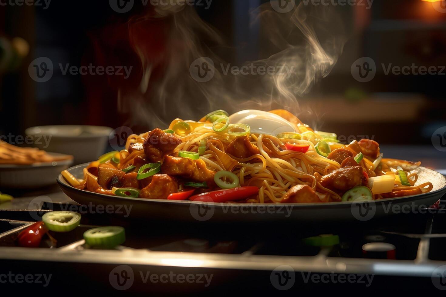 Yakisoba noodles with vegetables and sesame seeds. Japanese food photo