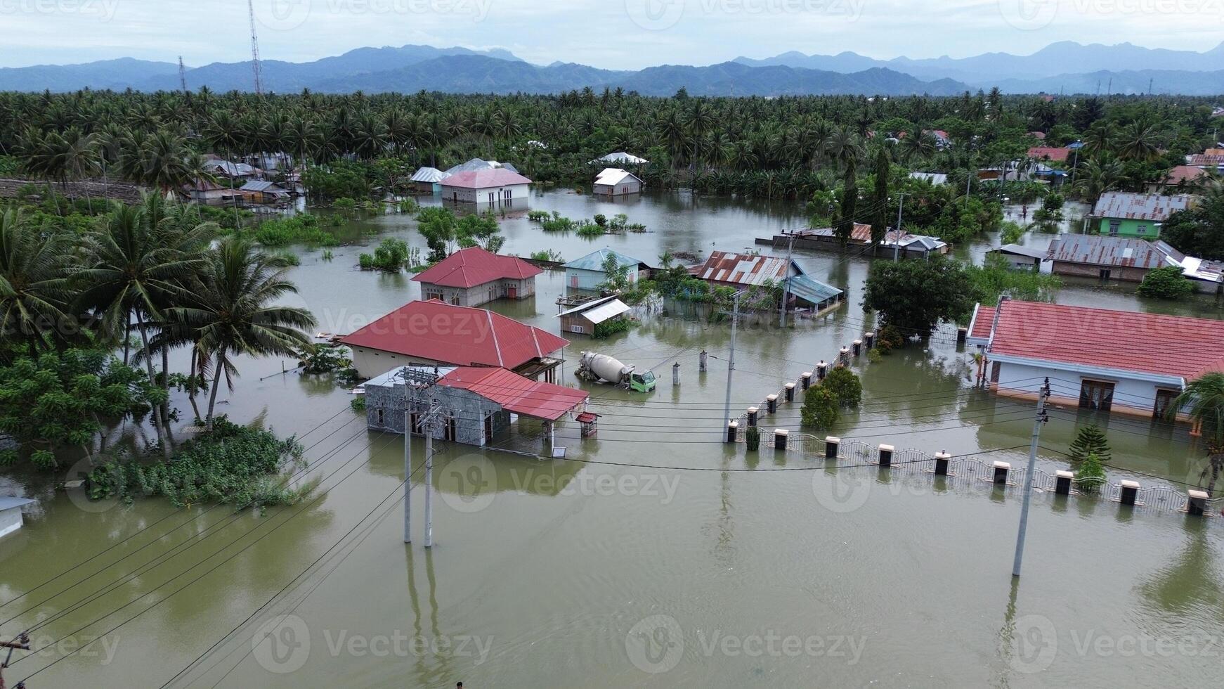 Aerial view of flooded area in Tualango village, Gorontalo, Indonesia photo