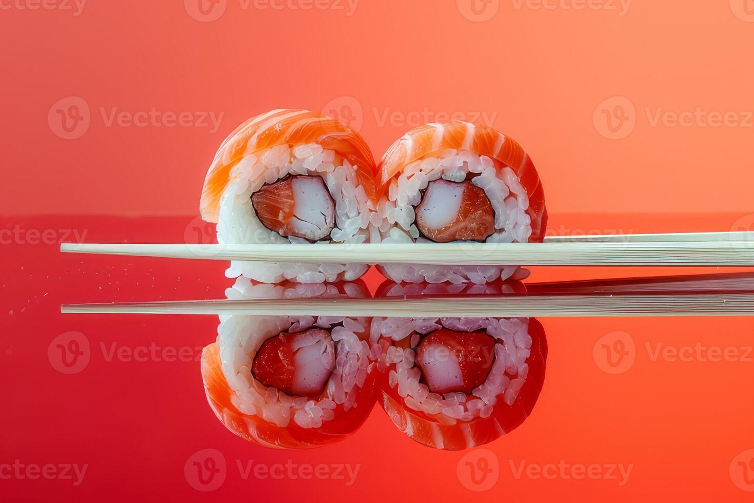 Sushi roll with salmon, cream cheese and cucumber on a red background photo
