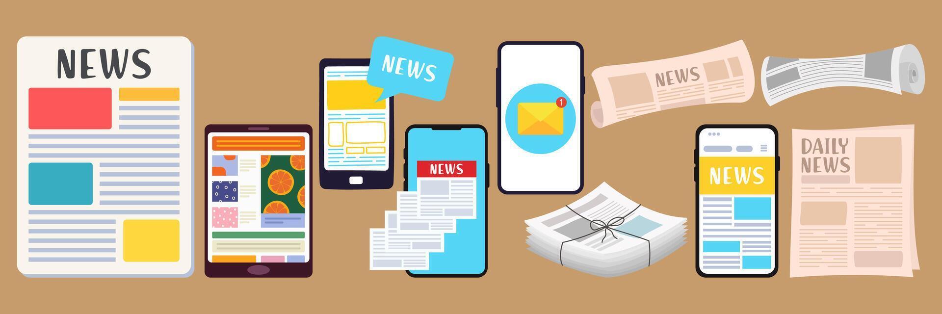 Breaking news set. Flat modern illustration of smartphone for online reading news in mobile phone app for a newspaper or magazine. Worldwide media in your device. Printed newspaper publication. vector