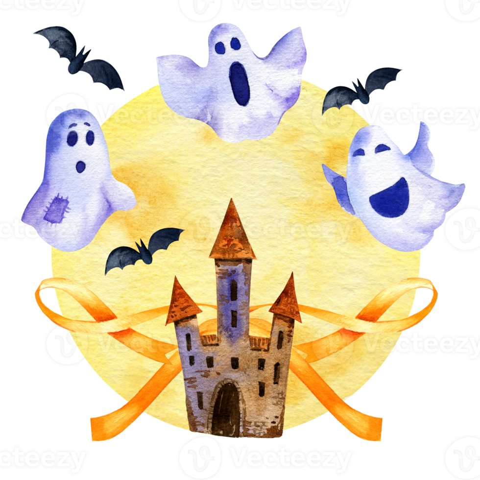 watercolor composition of Halloween theme with tower, moon, ghosts, bats and others, hand drawn illustration of October event, for postcard, greeting card png