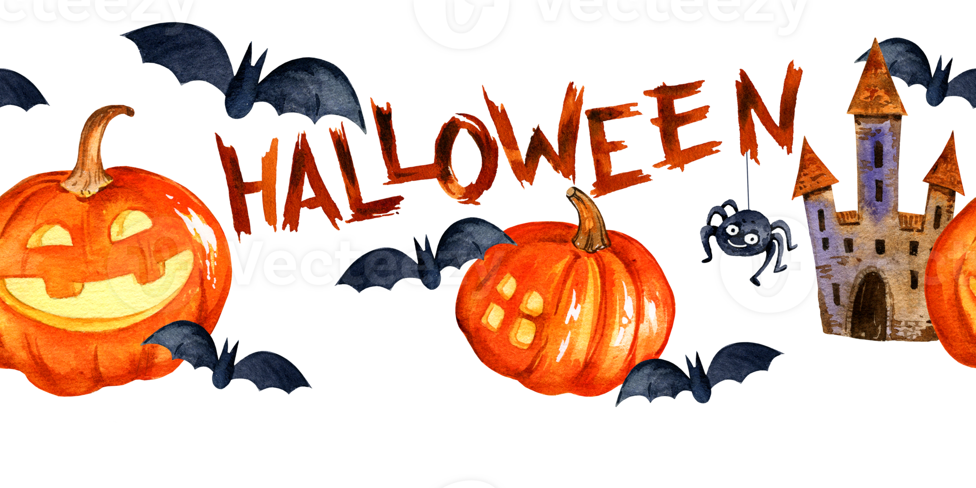 watercolor seamless border of Halloween theme with pumpkin, spider, bats, tower and lettering, hand drawn cartoon illustration of October event, for Halloween decoration png