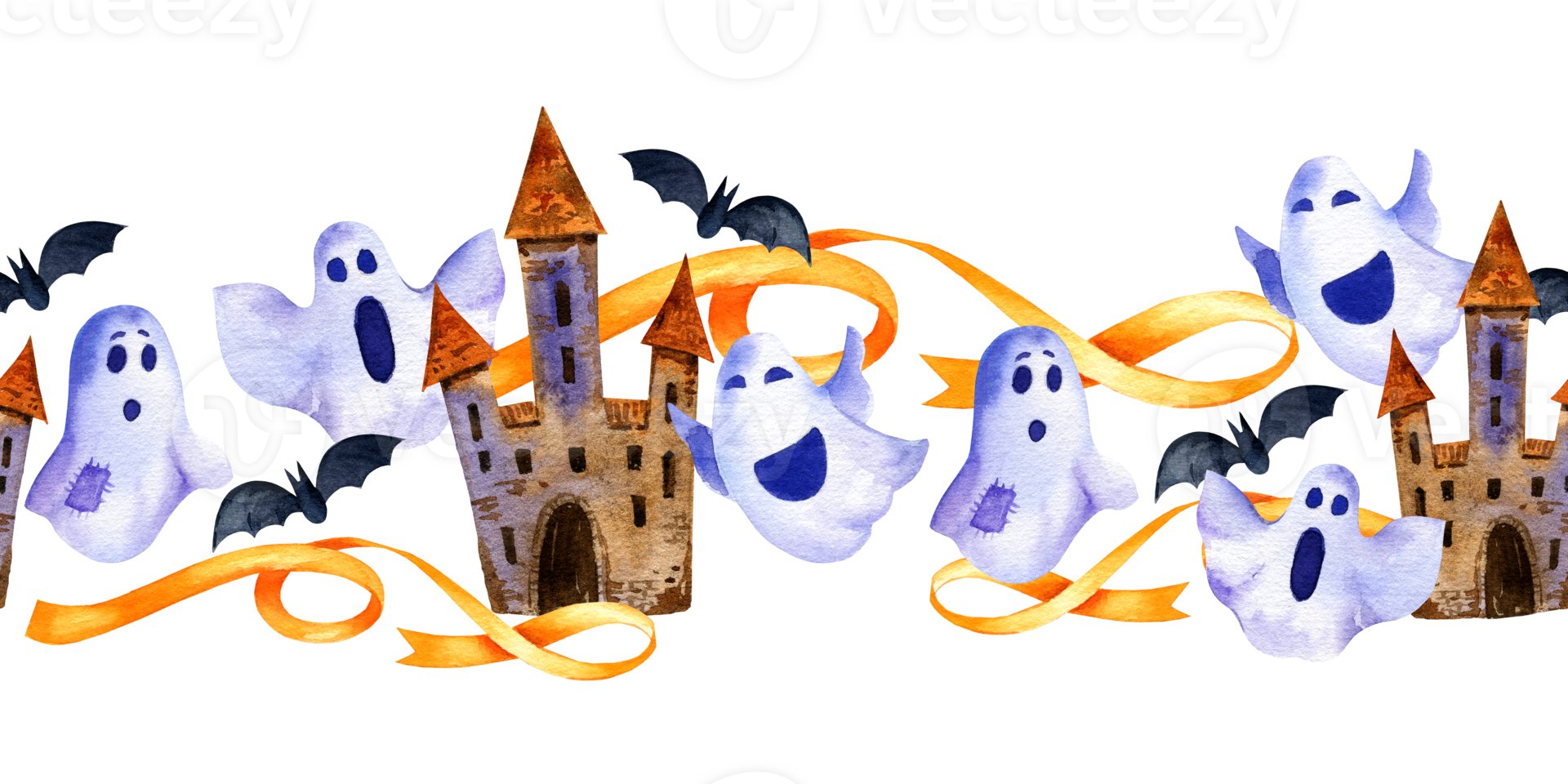 watercolor seamless border of Halloween theme with tower, ghosts, bats and others, hand drawn illustration of October event, for postcard, greeting card png