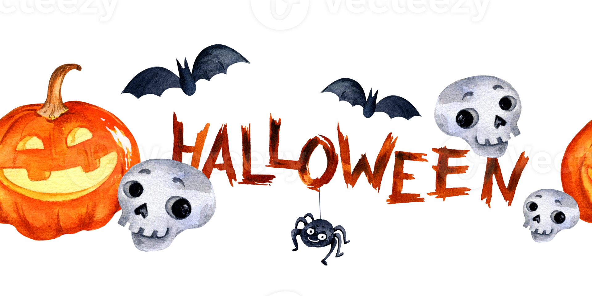 watercolor seamless border of Halloween theme with pumpkin, spider, bats, cute sculls, tower and lettering, hand drawn cartoon illustration of October event, Halloween decoration png