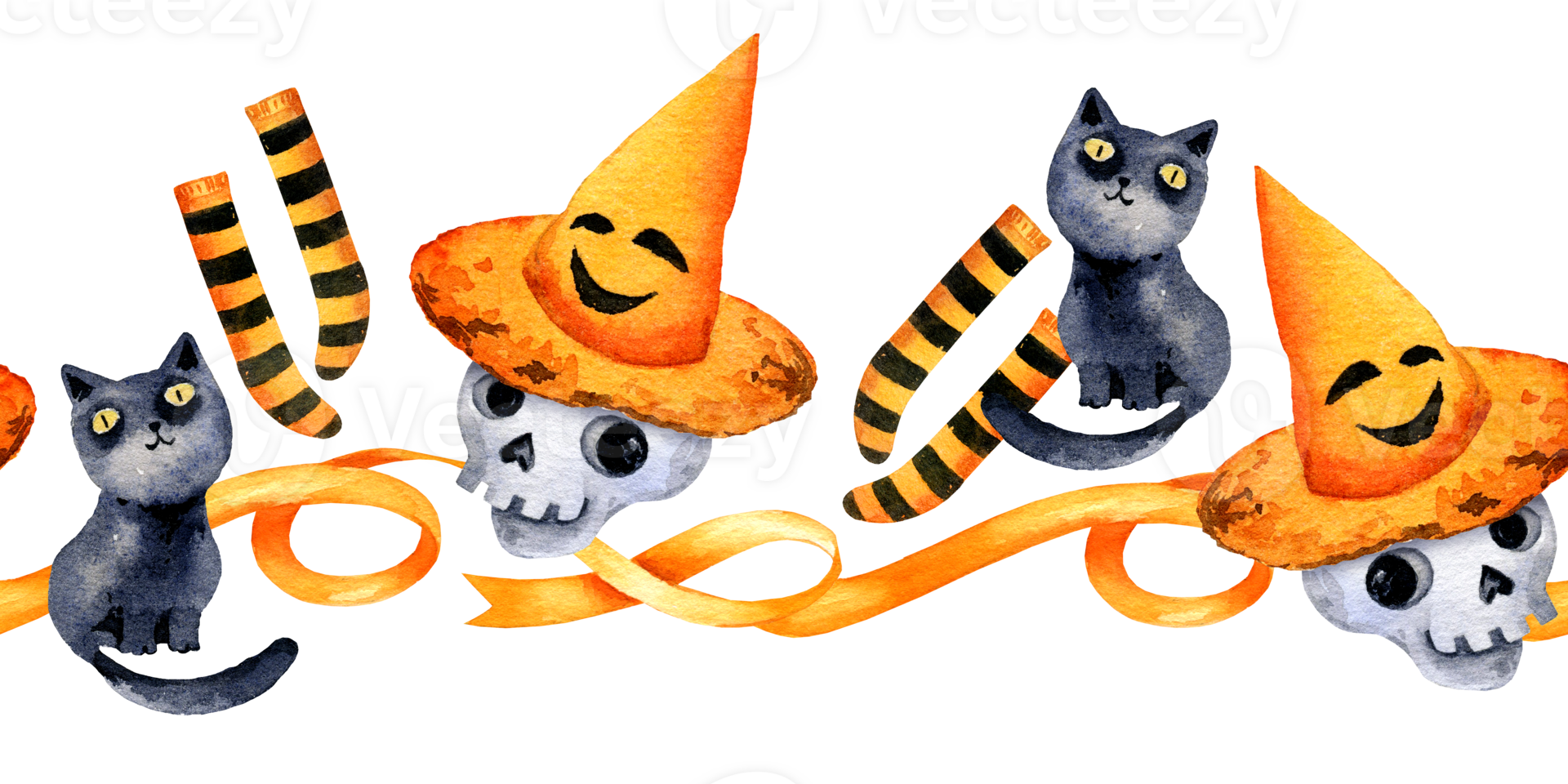watercolor seamless border of Halloween theme with funny skull in an orange hat, black cat, striped stockings of a witch, ribbons, hand drawn cartoon illustration of October event, party decoration png