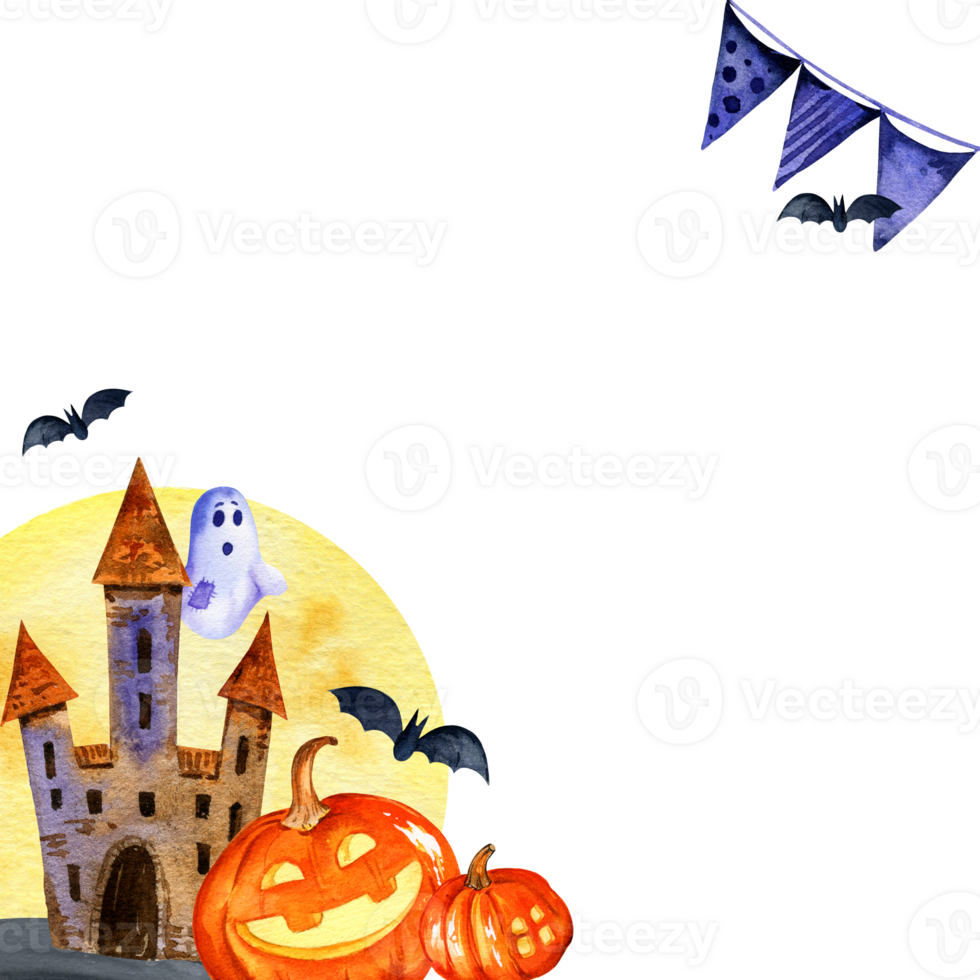 watercolor banner of Halloween theme with tower, pumpkins, ghost and bats on watercolor moon background, hand drawn corner frame png