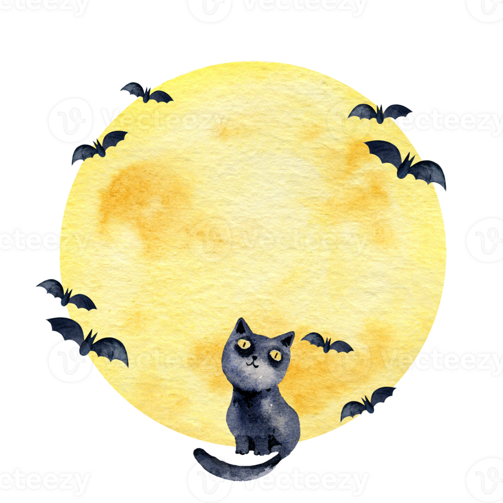 watercolor composition of Halloween theme with moon, black cat and bats on watercolor moon background, hand drawn corner frame, round frame png