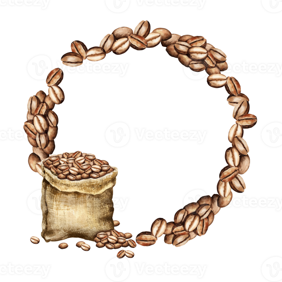 watercolor wreath of coffee theme with coffee beans and full gunny sack with coffee beans, round frame with coffee theme, hand drawn illustration of brown arabica png