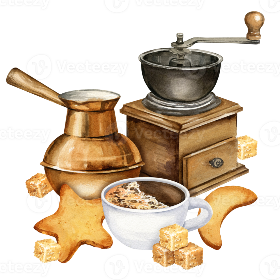 watercolor composition of coffee theme with coffee mull, cookies, turkish coffe pot, cup of espresso and brown sugar cubs, hand drawn illustration png